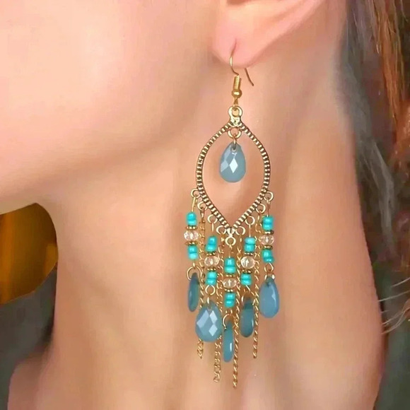🆕Boho Chic Gold & Turquoise Festival Drop Lightweight Statement Earrings - Picture 3 of 9